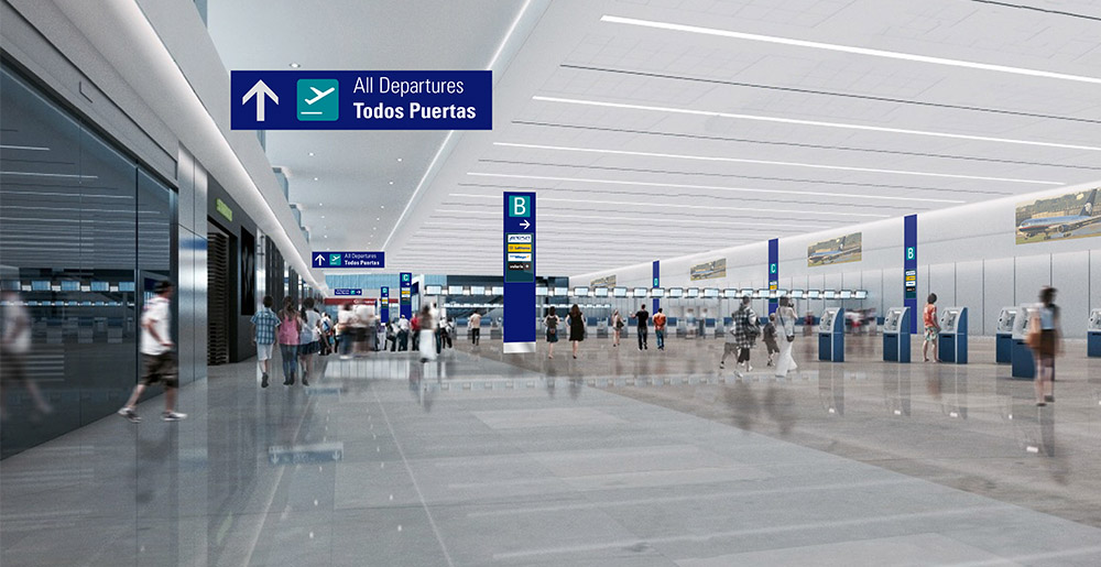 Check-in area in Cancun Airport with signage designed by Triagonal