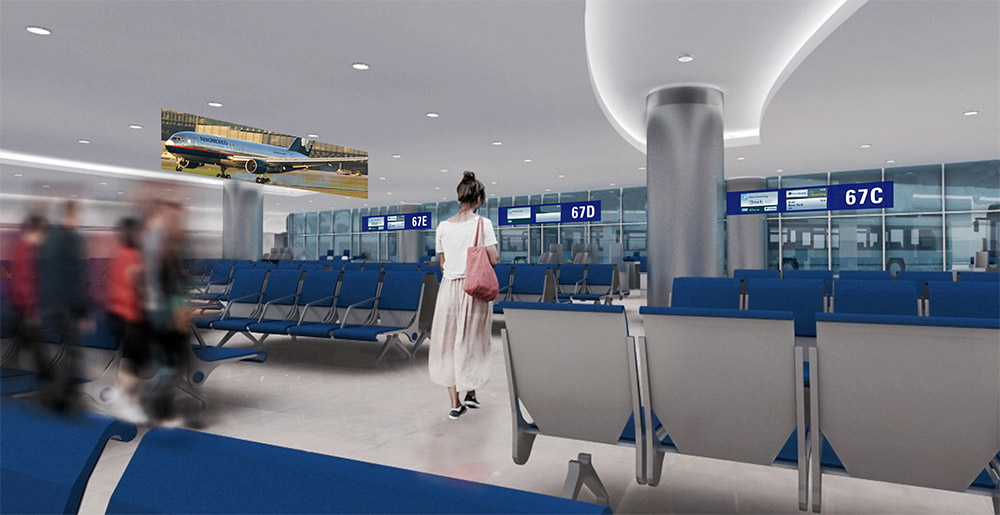 Departures in Cancun Airport with wayfinding designed by Triagonal