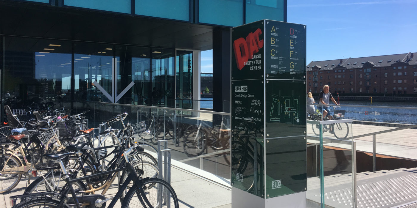 Outdoor wayfinding pylon for BLOX in Copenhagen