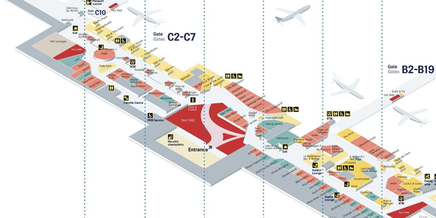 Pocket map showing airport information, amenities and commercial locations