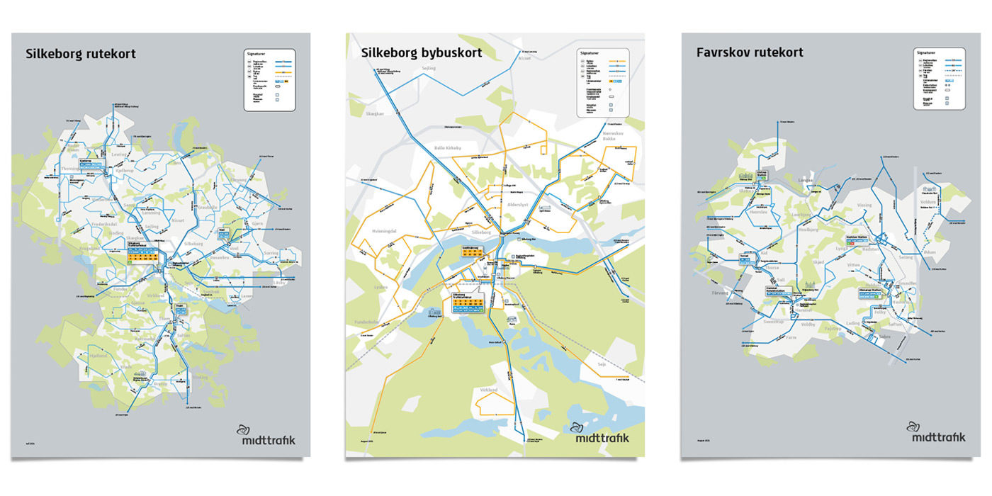 The three maps created for Midttrafik by Triagonal in 2021
