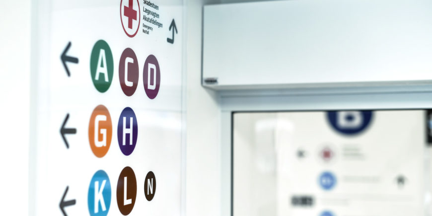 Signage using a combination of colours, letters and symbols to ensure that as many as possible can read and understand the patient wayfinding.